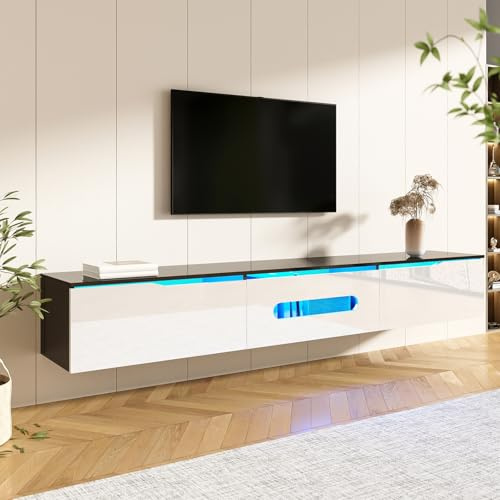 Mueble de TV flotante, mueble tele avce iluminación LED, armario de TV en la sala de estar, mueble de TV con 3 puertas batientes, armario de almacenamiento TV, para salón, dormitorio (180 x 35 x 30)