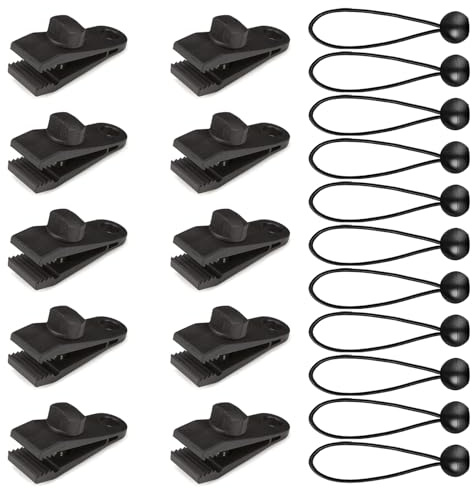20 Pcs Tarp Clips and Bungee Cord Ball Ties Set – Tarpaulin Clamps with Adjustable Grip & 6 Inch Elastic Tie Downs for Outdoor Camping, Tent, Awning, Canopy, Pool Cover, RV Accessories