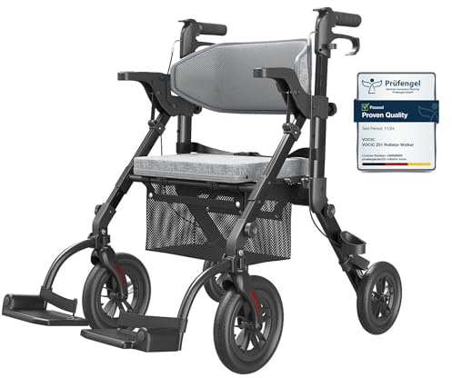 VOCIC 2 in 1 Wheelchair Rollator with Seat, Outdoor Rubber Tyre, Foldable Aluminum Mobility Walker with Brakes, Bag for Senior, 20cm Wheel for All Terrain Transport Chair, 5 Year Support