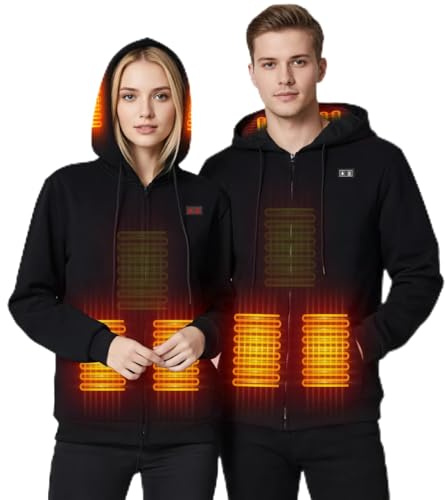 Qdreclod Sudadera Calefactable con Capucha Térmica para Hombre y Mujer, 6 Zonas de Calefacción, Batería Recargable 16000mAh, Chaqueta Abrigo Térmico Eléctrico para Esquí, Senderismo, Caza, Camping