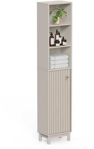 VonHaus Tall Bathroom Cabinet, Stone Bathroom Storage, Victoria | Freestanding Tallboy Unit with Fluted Texture Doors, Inner Adjustable Shelves, Water-resistant, Gold Handle