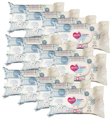 12 X Dea-lo Salviette Salviettine Baby Acqua x 72 Pz Salviette igienizzanti dermoidratanti formato XL ideali per la cura quotidiana della pelle delicata dei più piccoli Formulate con 99% acqua