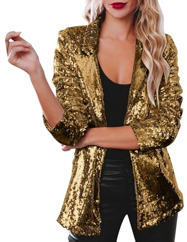Generisk paljettkavaj för kvinnor med glitter, långärmad bomberjacka, smal passform, paljettjacka, elegant kort kavaj, enfärgad blazer, tonåring, flickor, streetwear, lila, blazer, Guld, XXL
