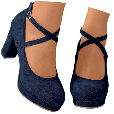 Women's Mary Jane Heels, Block Mid High Court Shoes, Crisscross Ankle Strap Platform Comfort Pumps for Formal Smart Work Party Footwear (Navy, 5)