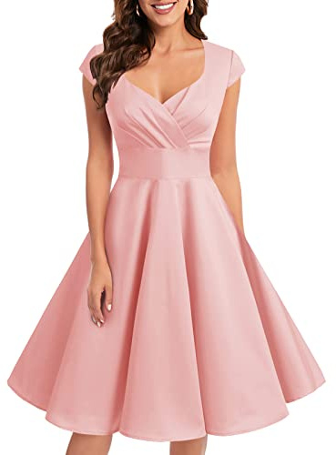 Bbonlinedress Vestido Fiesta Mujer Retro Años 50 Vintage de Cóctel Invierno para Invitada Boda Comunion Dama de Honor Cuello V Manga Corta Blush 2XL