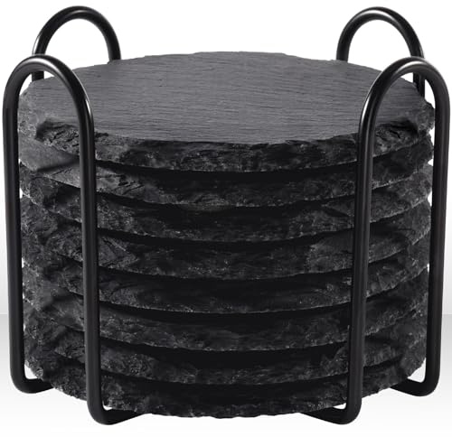 Portavasos De Pizarra con Soporte Metálico - Set GOH DODD De 8 Unidades - Redondos 4 Pulgadas - Protección Y Decoración para Mesas - Regalo Ideal