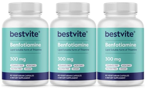 BESTVITE Benfotiamine 300mg (180 Vegetarian Capsules) (60x3) No Stearates - No Silicon Dioxide - Vegan - Non GMO - Gluten Free