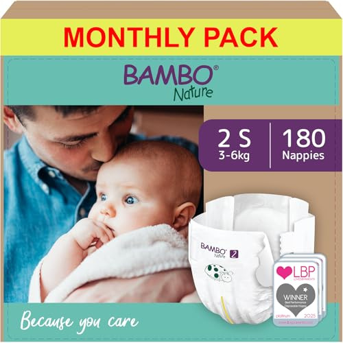 Bambo Nature Pannolini per bambini Taglia 2 (3-6kg) 180 pz. Scatola mensile | Pannolini premium con una migliore protezione dalle perdite | Massimo comfort per i neonati | Dermatologicamente testati