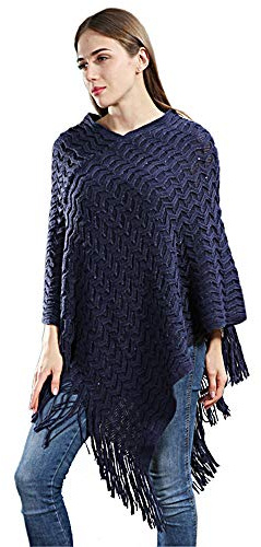 Women's Loose , Large Pure-color Knitted Sweater and Women's Pullovers Wrap Poncho with Sequins tops (Blue)