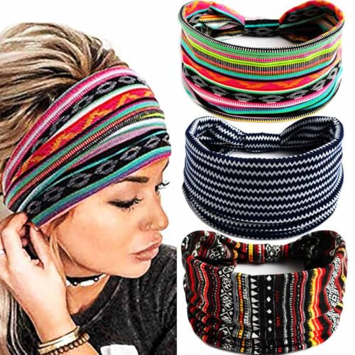 Zoestar Boho breite Streifen Stirnbänder schwarz Yoga Kopftücher geknotet Turban Haarbänder Vintage stilvolle Kopfwickel elastisch dick Mode Haarschmuck für Frauen und Mädchen (3 Stück) (A)