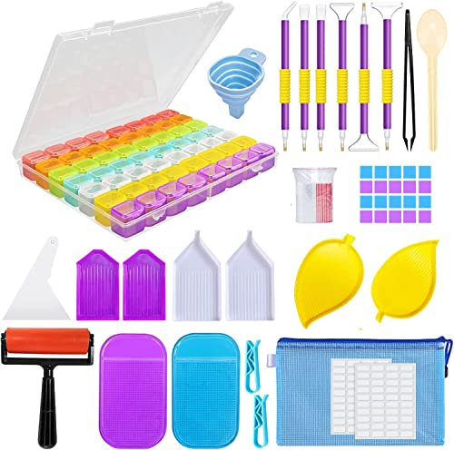TOPSEAS Diamond Painting Zubehör,Diamond Painting Organizer 56 Fächer,für DIY Art Craft und Quick Point Stift, Kleber,Platte,Pinzette,Taschen,Etikette
