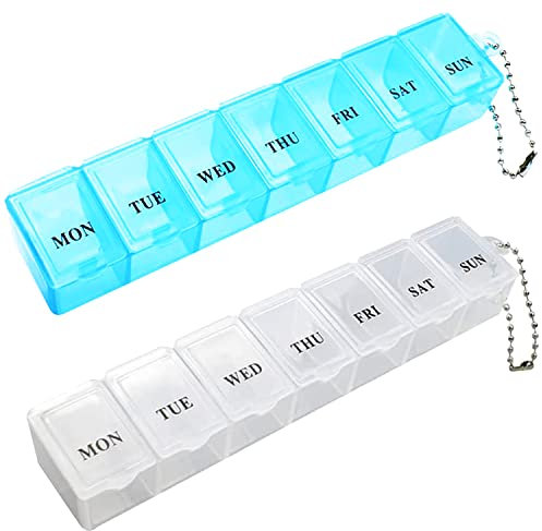Pilulier 2 pièces, pilulier portable, boîte à comprimés de voyage 7 jours avec compartiments pour médicaments, suppléments, vitamines et huile de foie de morue (blanc et bleu)