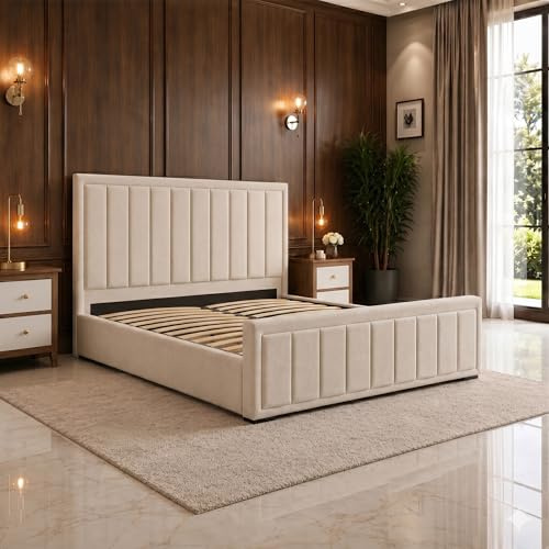 SANA SLEEP 5FT Ottoman Designer Plush Velvet Upholstered Bed Frame With Storage Option - Plush Cream