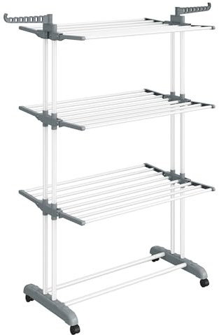 SONGMICS Large Clothes Airer, Foldable Clothes Drying Rack Laundry 4-Tier, Moveable Clothes Horse, 64 x 126 x 172 cm, Stainess Steel, Folding Wings, Easy Assembly, Indoor Outdoor Use, White LLR701W01