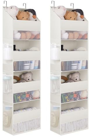 GRANNY SAYS Over the Door Storage Organiser Beige, Pack of 2 Back of Door Storage Organiser 4 Pockets, Large Nursery Overdoor Hanging Organiser for Kids Clothes Toy Baby Wipes Nappy Organisation