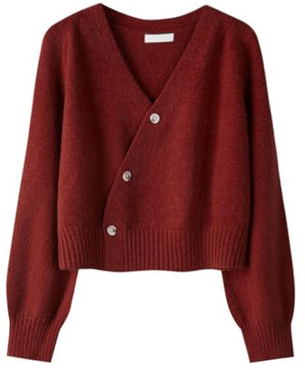 Dninmim Cardigan da donna con bottoni obliqui con scollo a V maglione a maniche lunghe maglione sciolto in cashmere solido lavorato a maglia, Borgogna, Taglia unica