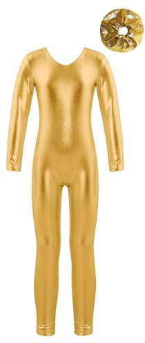 Nyeemya Maillot de Gimnasia Ritmica niña Manga Larga Body Brillante Metálico de Completo Mono de Baile Patinaje con Lazo para el Pelo Ropa de Deportiva Dorado 9-10 años