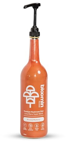 Bloomin Focus Liquid Pumpshot - Lions Mane Supplement - High Strength 7500mg / Serving - with Ashwagandha, Rhodiola Rosea and Vitamin B12. 93 Servings - 32p / Serving - Add to Coffee, Smoothies...