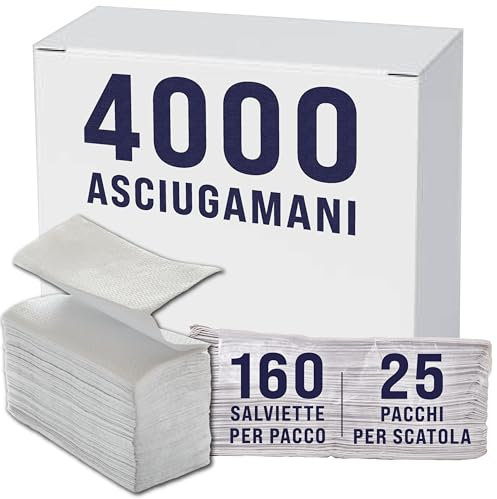 3750 Asciugamani di Carta in Pura Cellulosa Ripiegati a Z, a 2 Veli (25 confezioni da 150) - Salviette di carta intercalati monouso, per Uffici, Ristoranti, Bar, Hotel, Spazi Commerciali