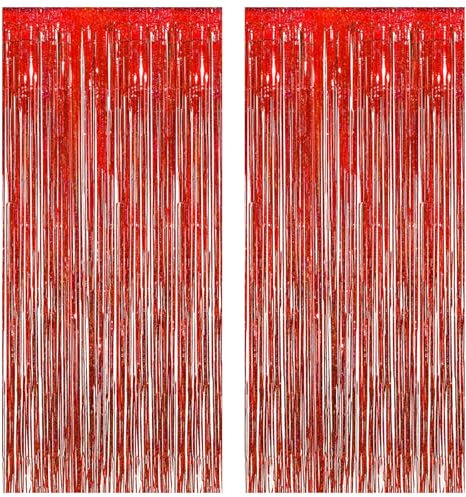 Torytoe Cortina metálica de 2 Piezas de Rojo Brillante Cortinas de Oropel Metálicas, Cortina Lámina Franjas con Flecos, Cortina de Borla Decoracion Bodas, Telón de Fondo Fotos (1m x 2m)