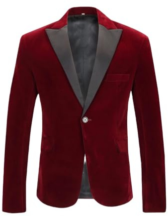 LIUYUYOUGO Män sammet kavajer smart casual smal passform sammet smoking jacka mode kontrast tandad kavaj jacka en knapp sportrock elegant middag bal fest jacka, Bourgogne röd, M