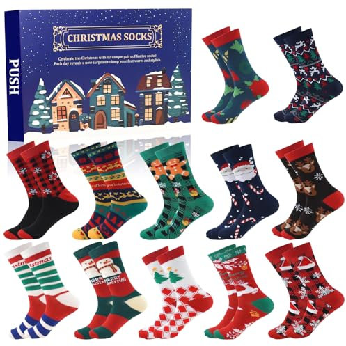 12 Paare Adventskalender 2024 Socken, Weihnachtssocken Herren Frauen 39-42, Weihnachtskalender Weiblich, Blau