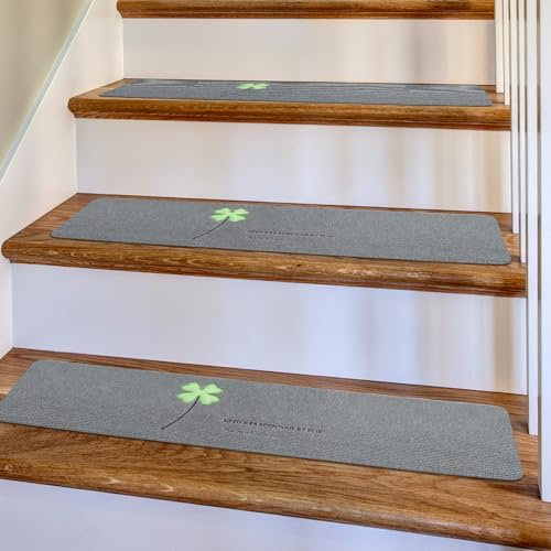 COLFULINE 15PCS Glow in the Dark Stair Treads(20 x 76 cm), Non-Slip Stair Mats Self-Adhesive Stair Pads, Soft Stair Carpet for Children, Elderly and Pets, Machine Washable, 100% Polyester, Light Grey