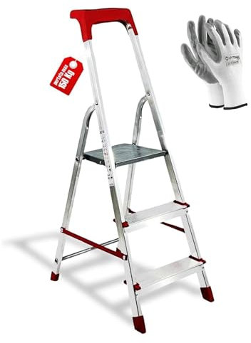 Hytama - Escalera doméstica de aluminio, ligera y portátil, con bandeja de almacenamiento, plegable, resistente, ahorra espacio, capacidad de carga de 150 kg, fabricada en Italia certificada + guantes