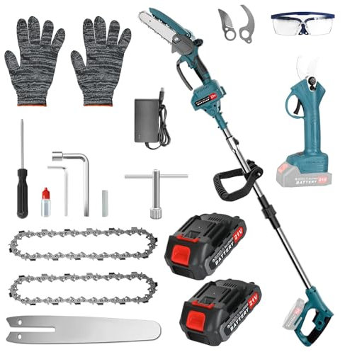 BIAOQINBO Kit de Podadora de Pértiga y Tijeras Eléctricas y Mini Motosierra Bateria 6 Pulgadas 4 en 1 | Altura Ajustable 4m | 2 Baterías 2000mAh | Para Jardín y Huerto