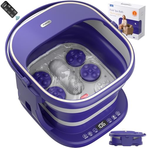 Puboo Electric Foot Bath Massager with Remote, 16 Motorized Massage Balls for Stress Relief, Collapsible Foot Spa Bath Massager with Heat, Pedicure Spa Tub with Temp Control, Purple