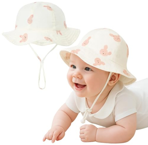 KEWUF Gorro Proteccion Solar Bebe UPF 50, Unisexo Bebé Niña Niño Sombrero de Sol Verano Algodón Ajustable Pescador Gorra Protección de Sol Anti UV para Exteriores/Natación/Playa/Piscina（Conejo）