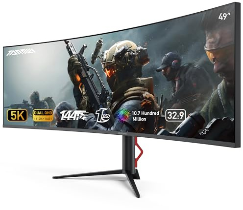 TANXJIA 49 Inch Curved Gaming Monitor with Speakers Built In, 5K(5120×1440) DUAL QHD PC Monitors, 1.07B Colors Ultrawide Computer Screen, 144Hz, 1Ms, FlickerFree, Tilt/Height Adjustable, USB/HDMI Port