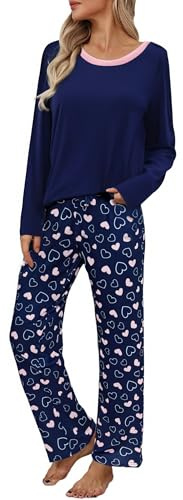 Litherday Pijama Mujer Invierno Manga Larga con Cuello Redondo 2 Piezas | Conjunto de Pijama Mujer Algodón Ropa para Dormir Cómoda con Bolsillos y Cordón