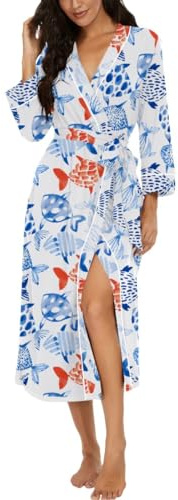 PrinStory Albornoces para mujer, kimono ligero, batas de manga 3/4, batas para mujer, ropa de dormir larga, ropa de dormir informal, ropa de sauna, Pescado de acuarela, XL