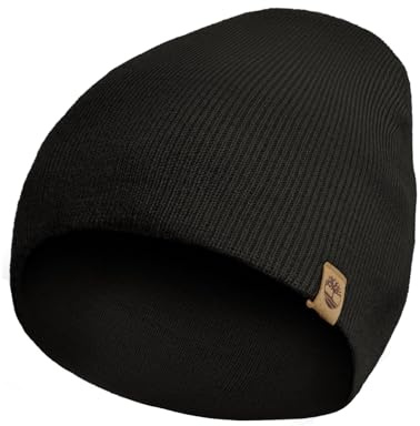 Timberland Men’s Ribbed Pull-On No Cuff Beanie - Soft Rib Knit Winter Hat, Stretch Fit, Warm Classic Look, Suede Logo Clip, Black, One Size