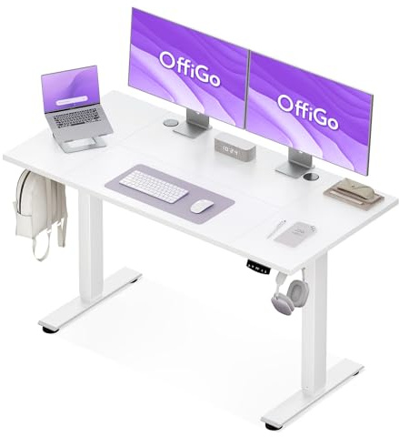 OffiGo Standing Desk, 140x60cm Height Adjustable Desk with 2 Memory Presets | Quiet Electric Sit Stand Desk for Home Office Bedroom Living Room, Ergonomic Computer Desk with Hooks & Cable Holes, White