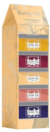 Kusmi Tea - Coffret Les Infusions - Assortiment de Thés Bio - Idée Cadeau Homme et Femme - Infusions et Tisanes Aromatisées - Notes de Fruits, d'Amande, d'Épices et de Gingembre - 5 Boîtes de 25g