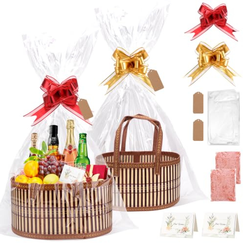 Kkluno set om 2 35 cm tomma bambupresentkorgar stabila stora presentkorgar | Brun flätad korg med handtag rosett presentfolie gratulationskort för födelsedag bröllop baby shower skördefest jul