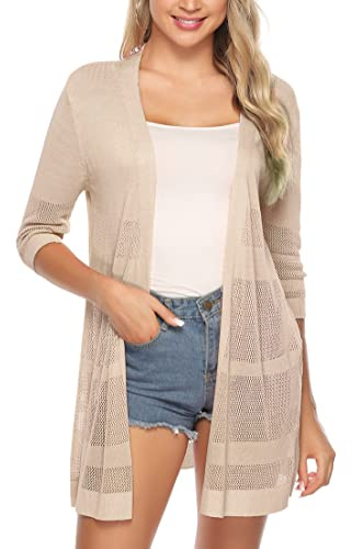 Sykooria Cardigan Longue Gilet Crochet Veste légere pour Femme Cardigan Confortable en Tricot Sexy élégante,Abricot (Manches Évidées),Medium