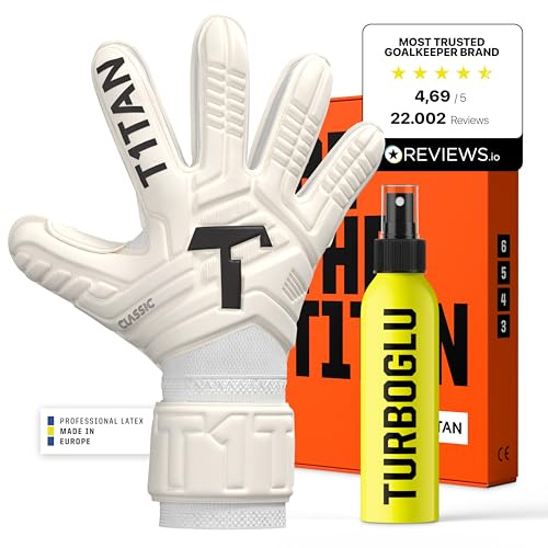 T1TAN Classic 1.0 White-Out Junior + Turboglu - Torwarthandschuhe Kinder und Grip Booster - ohne Fingerschutz - Fußballhandschuhe für Torhüter - Größe 6