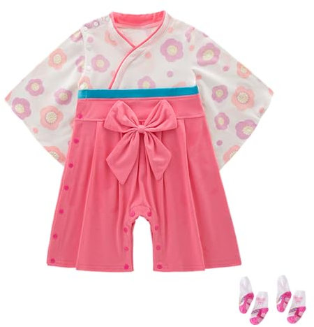 KRUIHAN Onesie Anime Småbarn Kimono Baby Bimono Barboteuse Cosplay Jumpsuit för bebisar, flickor och pojkar, med 2 par strumpor, Bebisflicka-rosa-en bit, 95(24-36 mois)