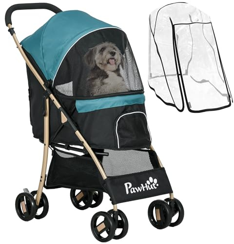 PawHut Dog Stroller with Rain Cover Foldable for Small Pets Dark Green | Dog Pram, 4 Wheels Pet Pushchair, Safety Leashes, for Small Cats