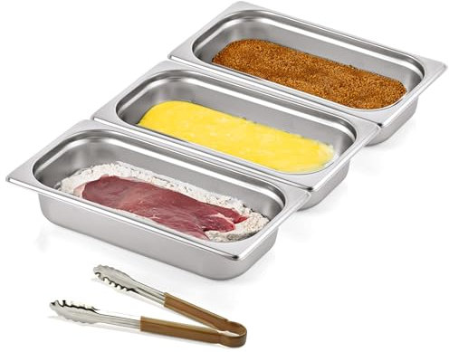 Morleos Lot de 3 bols à paner + pince marron - GN 1/3 - En acier inoxydable - Dimensions : 32,5 x 17,6 x 6,5 cm - Volume total : 7,5 l - Pour paner et mariner la viande, les escalopes - 0,7 mm