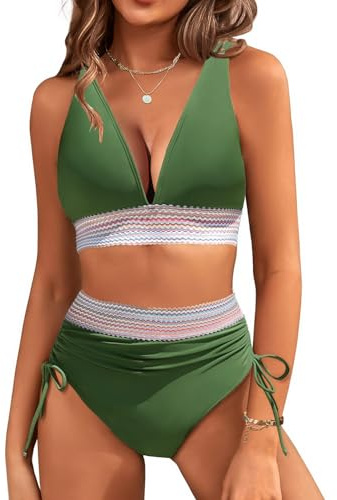 RITOSTA Costume da Bagno Donna a Vita Alta Due Pezzi Sexy Bikini Mare con Coulisse Costumi Push up Imbottito Scollo a V Reggiseno Swimwear Abiti da Spiaggia Tankini Estiva Beachwear (Verde,XL)