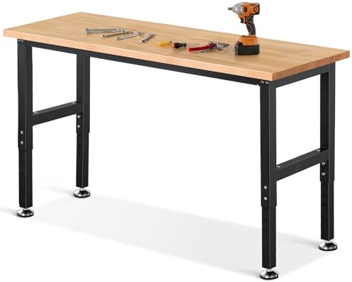ENJOYWOOD 60 x 22 Heavy Duty Workbench Adjustable Height Garage Work Table with Solid Rubberwood Top for Workshop, Home & Office