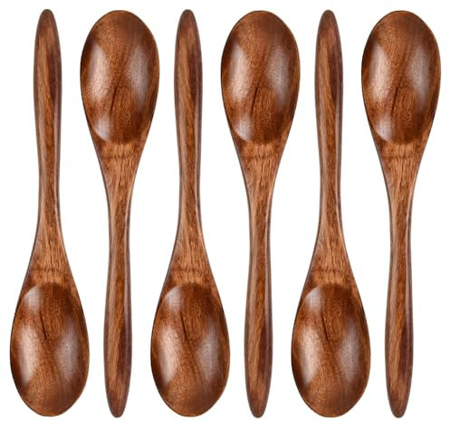 Volumoon 6 Pezzi Cucchiai di Legno, Cucchiaio Miele, Cucchiaino da Zuppa per Pasti dei Bambini - Ideale per Caffè, Tè, Zuppa, Riso, Dessert - Marrone