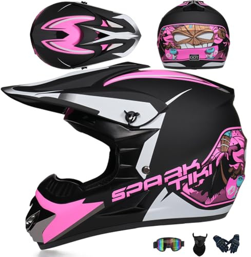 PAESCOY Jugend Motorradhelm Motocross Helm Kinder Erwachsene Cross Helms Herren ATV Motorradhelm MX Enduro Full Face MTB Helm DOT/ECE-Zertifizierter Mit Brille Maske Handschuhe Downhill Helm,Pink/C-S