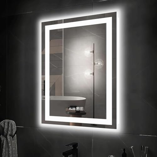 OZMSHF 28x 20/700mm x 500mm LED Bathroom Mirror with Lights, Dimmable Anti-Fog Front Lit Backlit Lighted Wall Mounted Rectangle for Vanity Makeup Tempered Glass Shatter-Proof Horizontal&Vertically