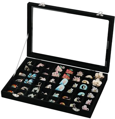 Frebeauty 48 Grid Jewelry Tray,Adjustable Earring Holder Organizer with Glass Lid,Velvet Drawer Jewelry Organizer for Rings,Studs,13.8 x 9.5 x 2 Inches Jewelry Display Box,Gift for Women(Black)