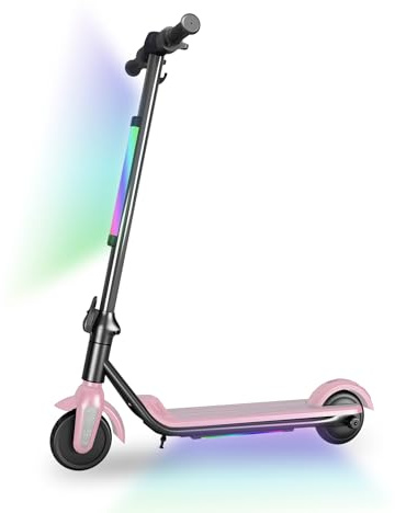 Scooter eléctrico para niños 6-12 años,Scooter eléctrico Plegable,Dos Tipos de Frenos,Alcance 5-8KM,Velocidad máxima 14KM/H,Luces Arco Iris,Luces LED,Patinete eléctrico niños (Rosa)